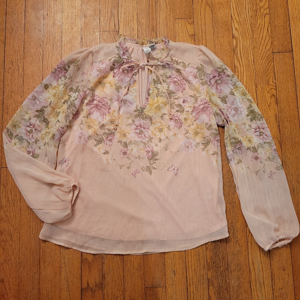 Joie Pink Floral Metallic Keyhole Neck Blouse S‎ Butterfly Meadow Garden Cottage